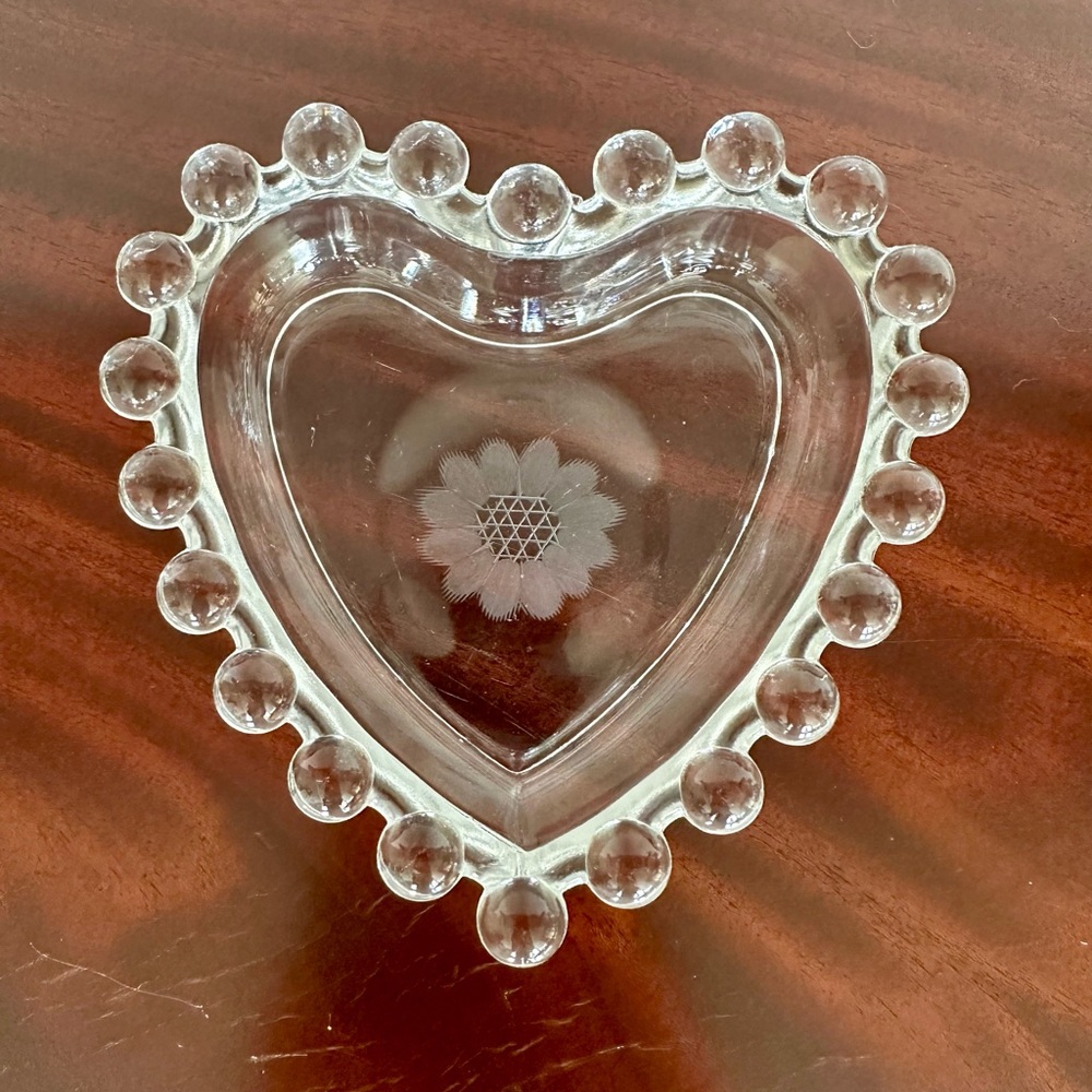 J. W. Hughes Heart Candlewick Imperial Glass Cornflower Trinket Dish 1950’s